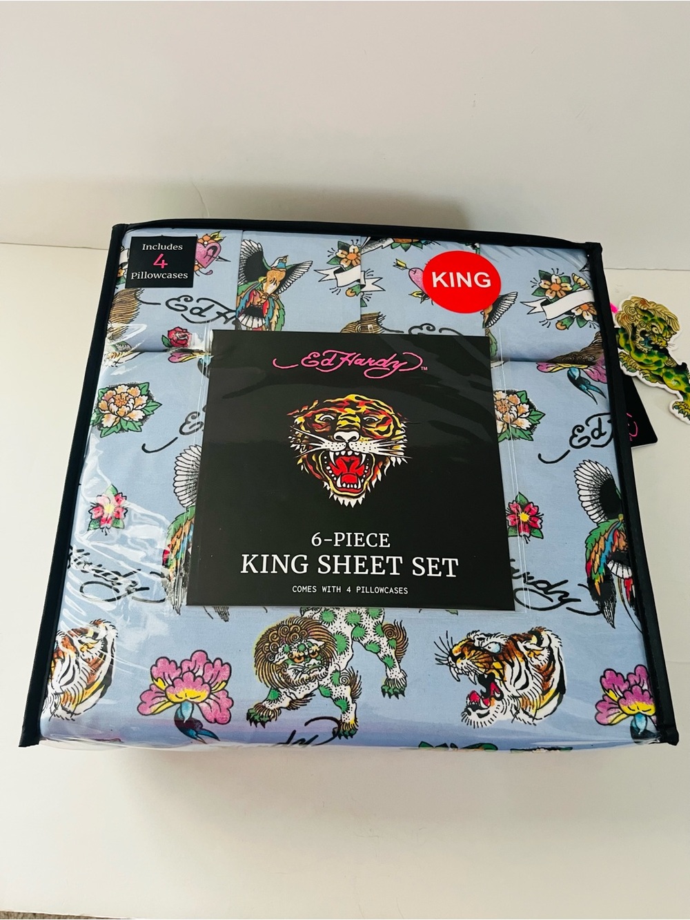 Ed Hardy Blue King Size Sheet Set Tiger Flower Eagle Mythological Creature Heart
